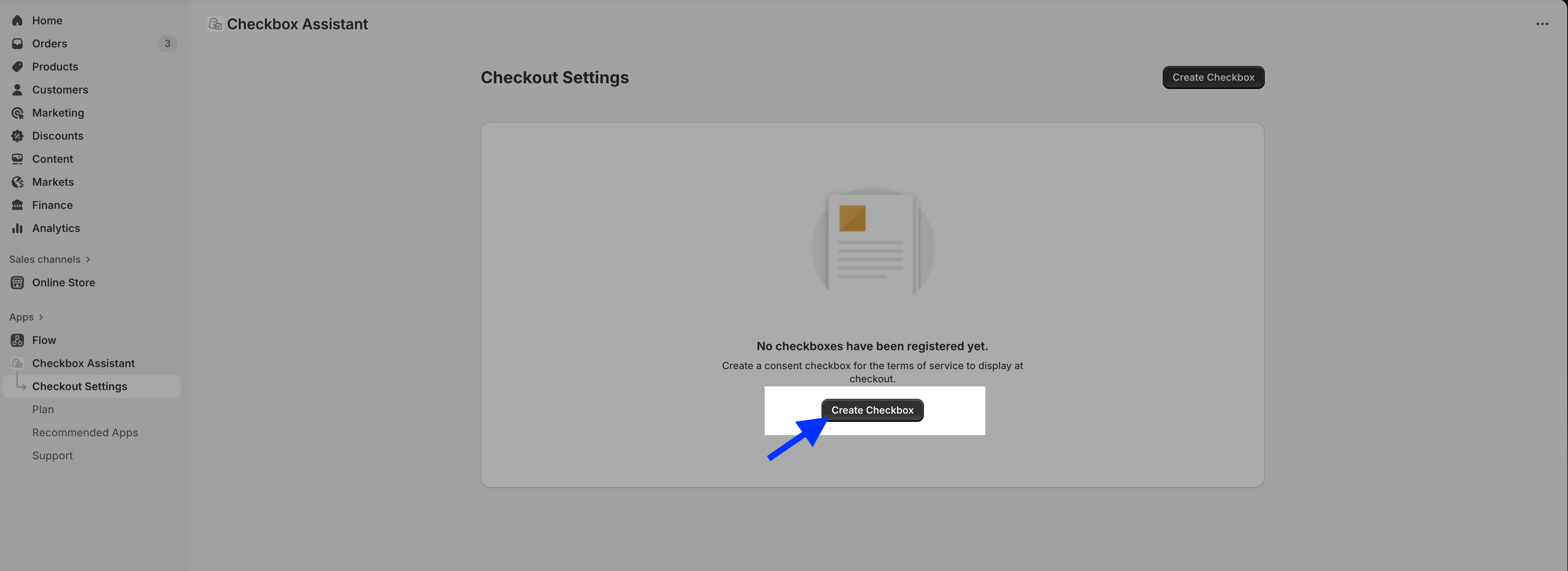 Checkout Settings page in the app showing the "Create checkbox" button