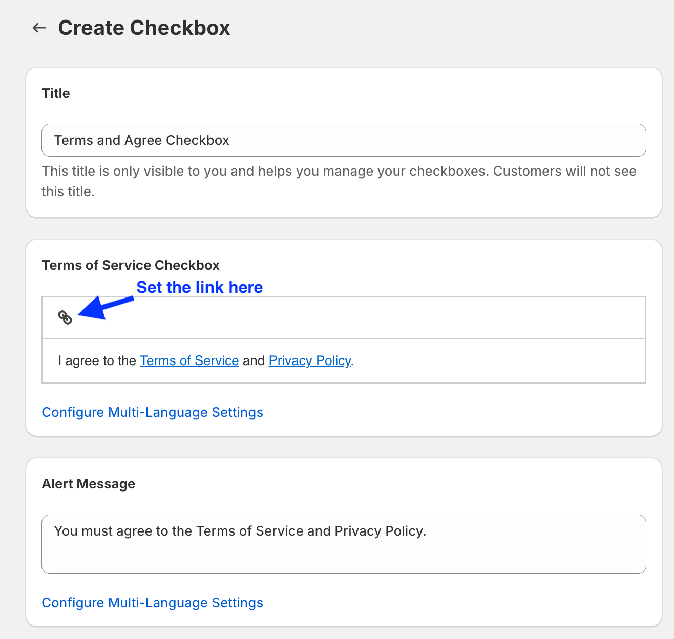 Create Checkbox screen with fields for the title, Terms of Service checkbox text with a link setting, and the alert message