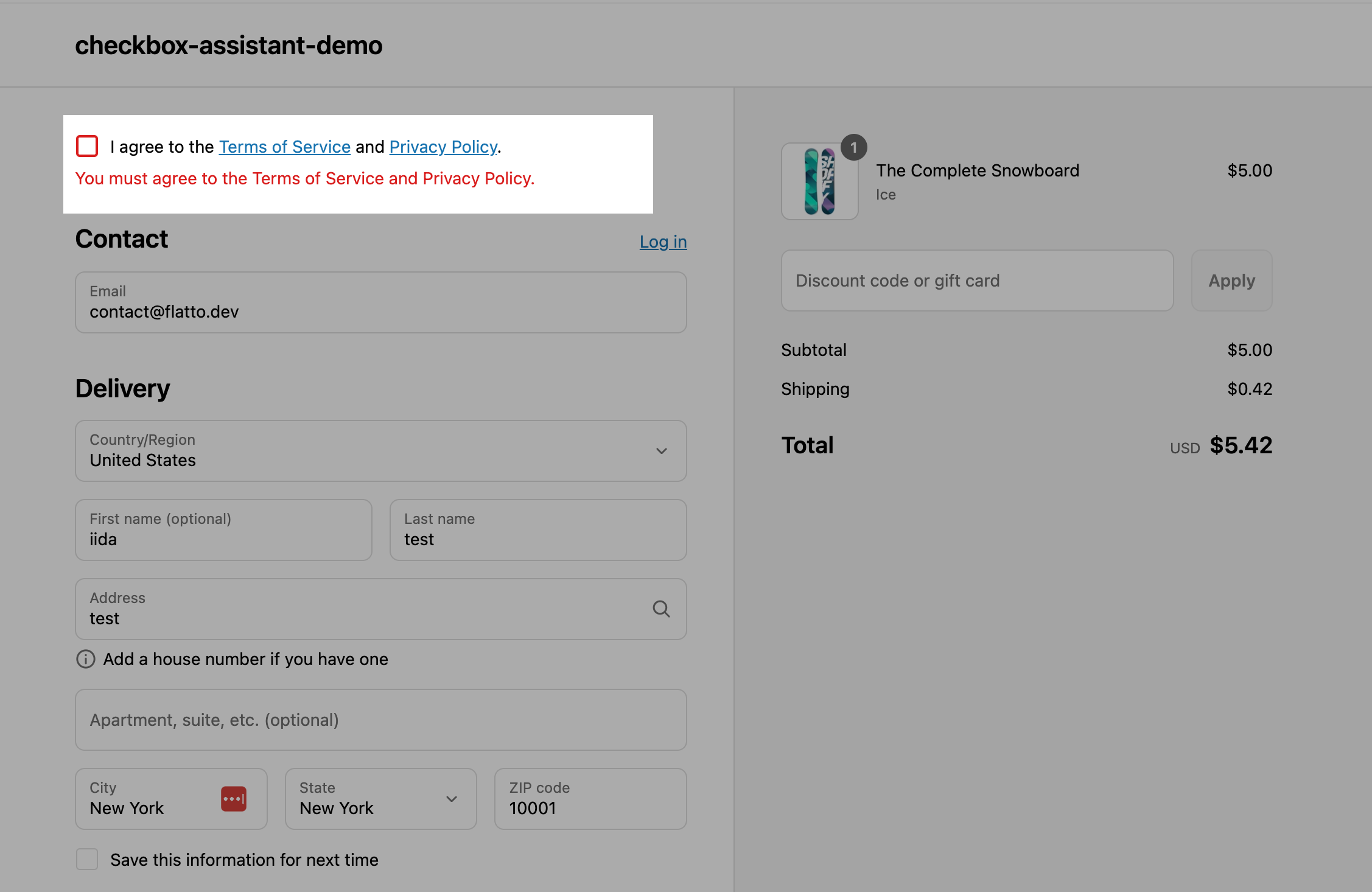 Actual checkout page showing the alert "You must agree to the Terms of Service and Privacy Policy." when trying to purchase without checking the box