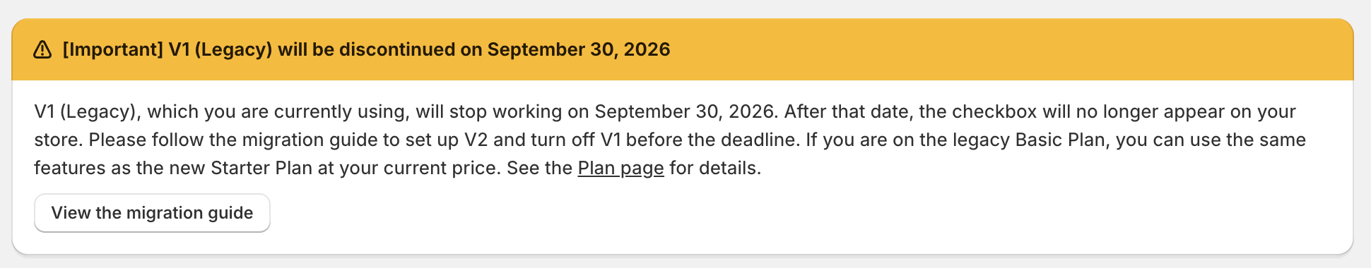 The Checkbox Assistant app home showing a banner announcing the discontinuation of V1 (Legacy)