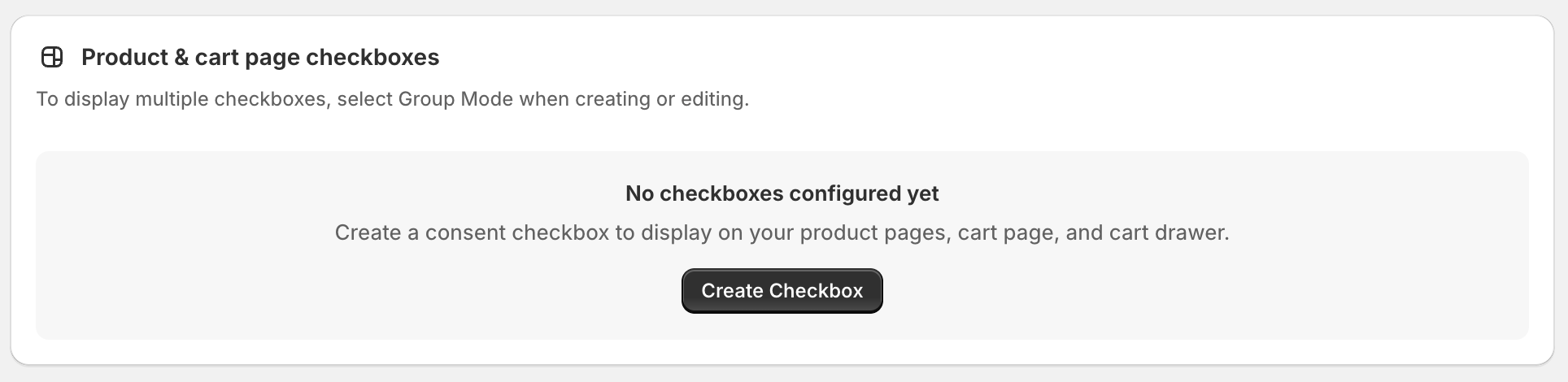 The Product & cart page checkboxes section on the app home with the Create Checkbox button