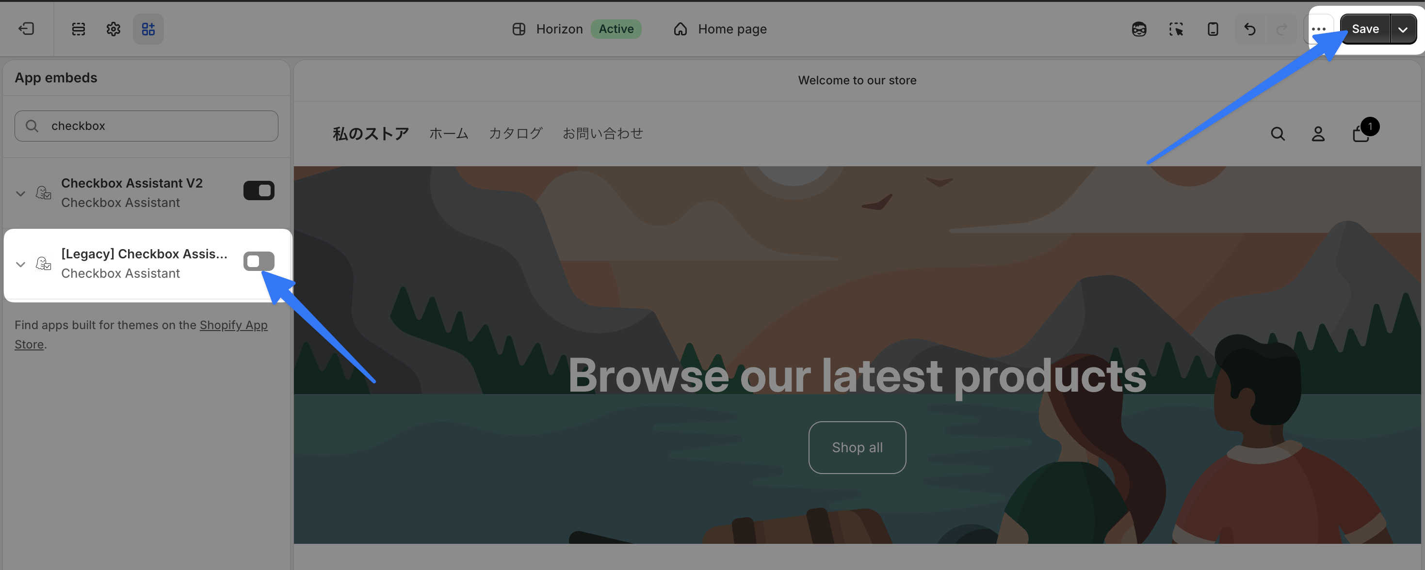 The App embeds panel in the Theme Editor with the toggle for [Legacy] Checkbox Assistant turned off and the Save button at the top right. Checkbox Assistant V2 stays on