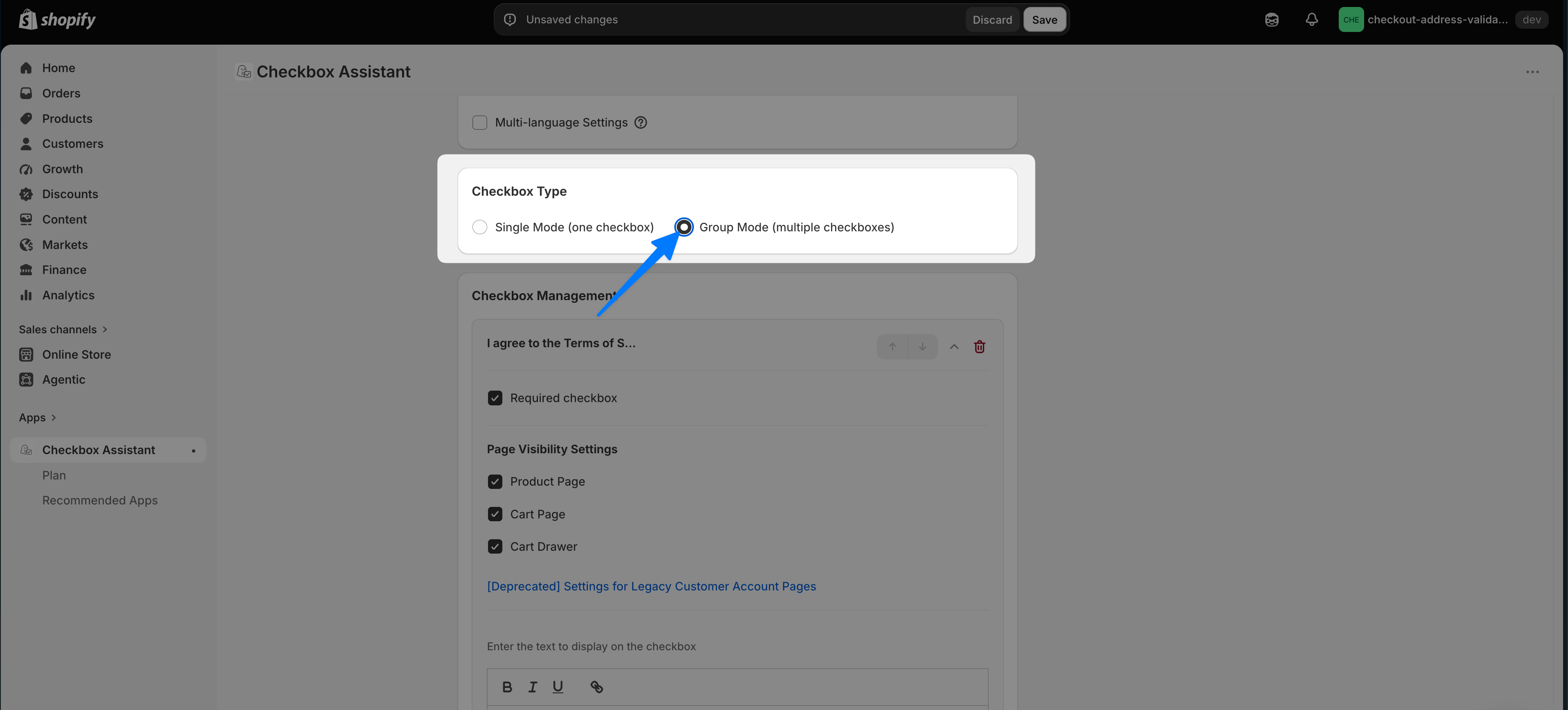 The Checkbox Type section of the checkbox setup screen, with "Group Mode (multiple checkboxes)" selected instead of Single Mode