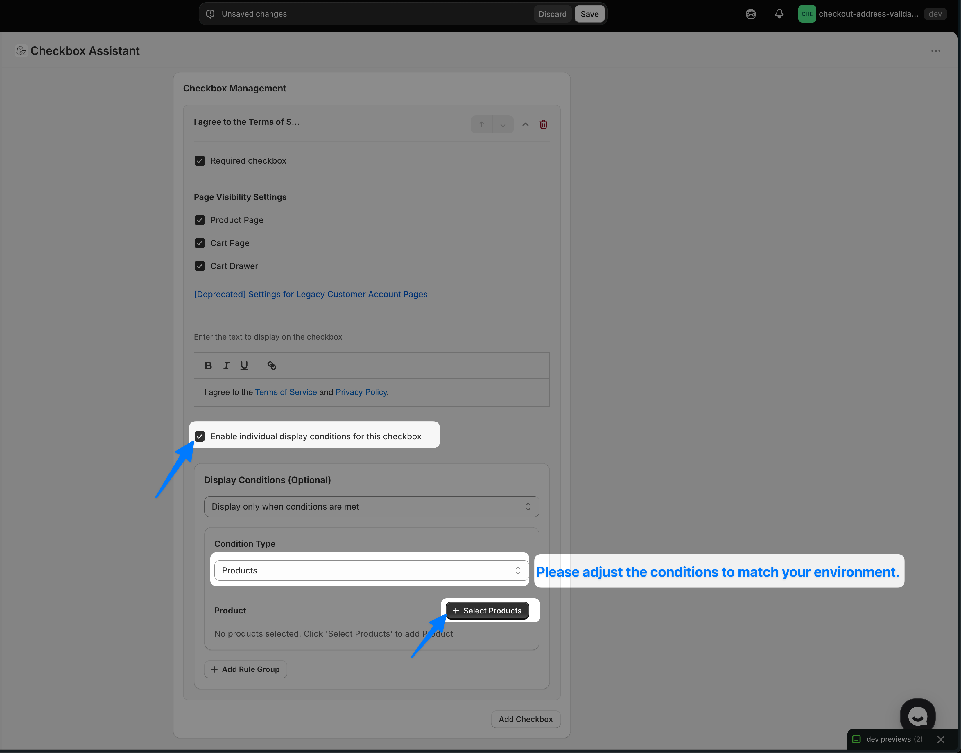 An expanded checkbox card under Checkbox Management, showing Page Visibility Settings with Product Page, Cart Page and Cart Drawer checked, "Enable individual display conditions for this checkbox" ticked, and the display conditions below it with Condition Type set to Products and the Select Products button highlighted