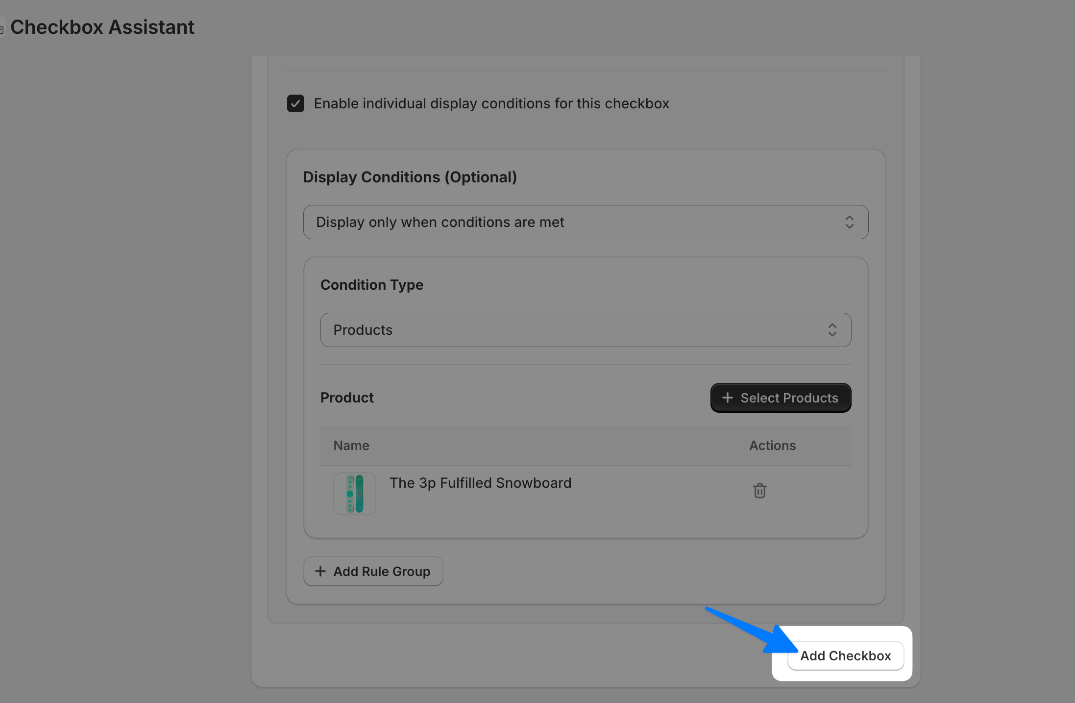 The checkbox setup screen, with an arrow pointing at the "Add Checkbox" button below the first checkbox