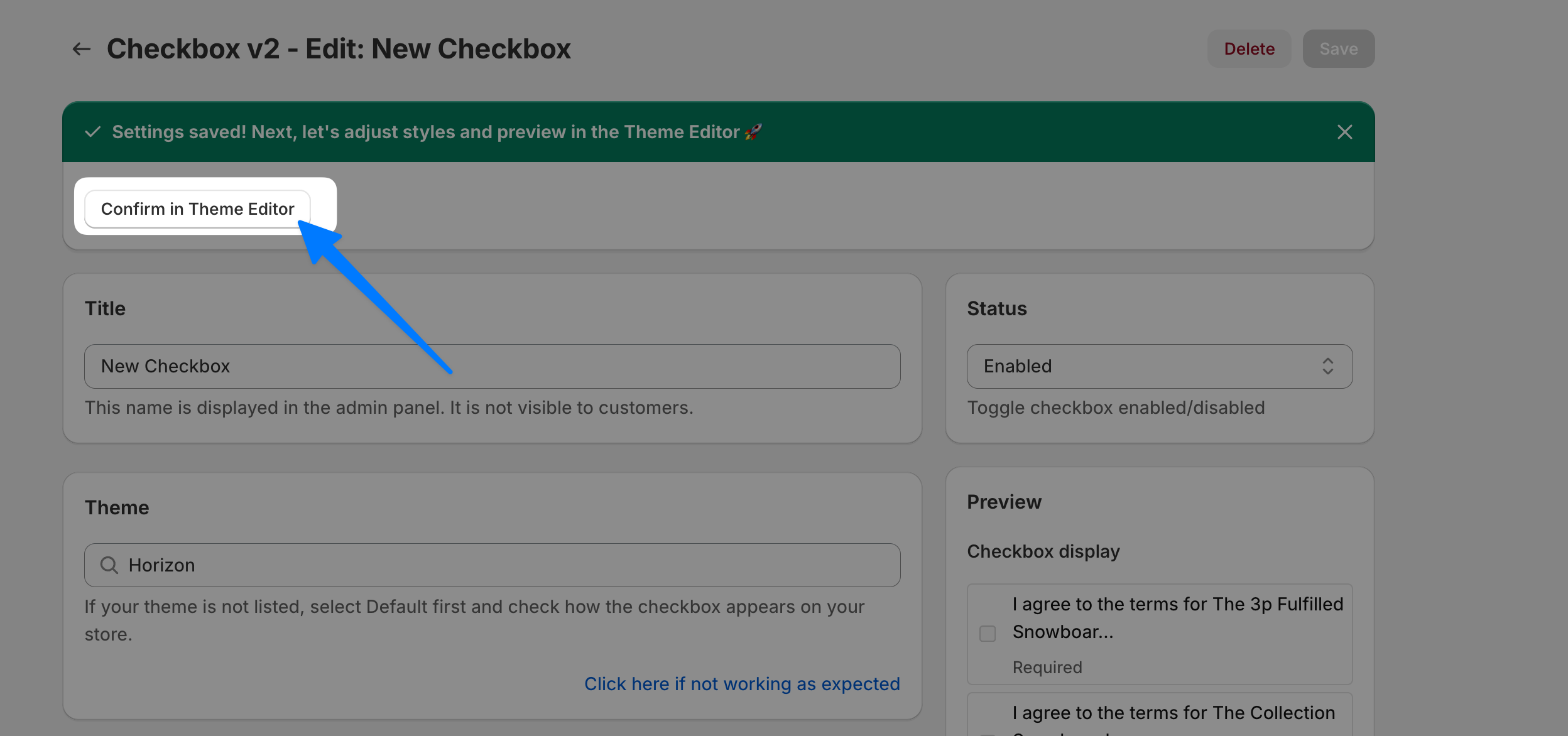 The screen after saving, with a "Settings saved" banner, a "Confirm in Theme Editor" button, and the preview on the right listing the two checkboxes