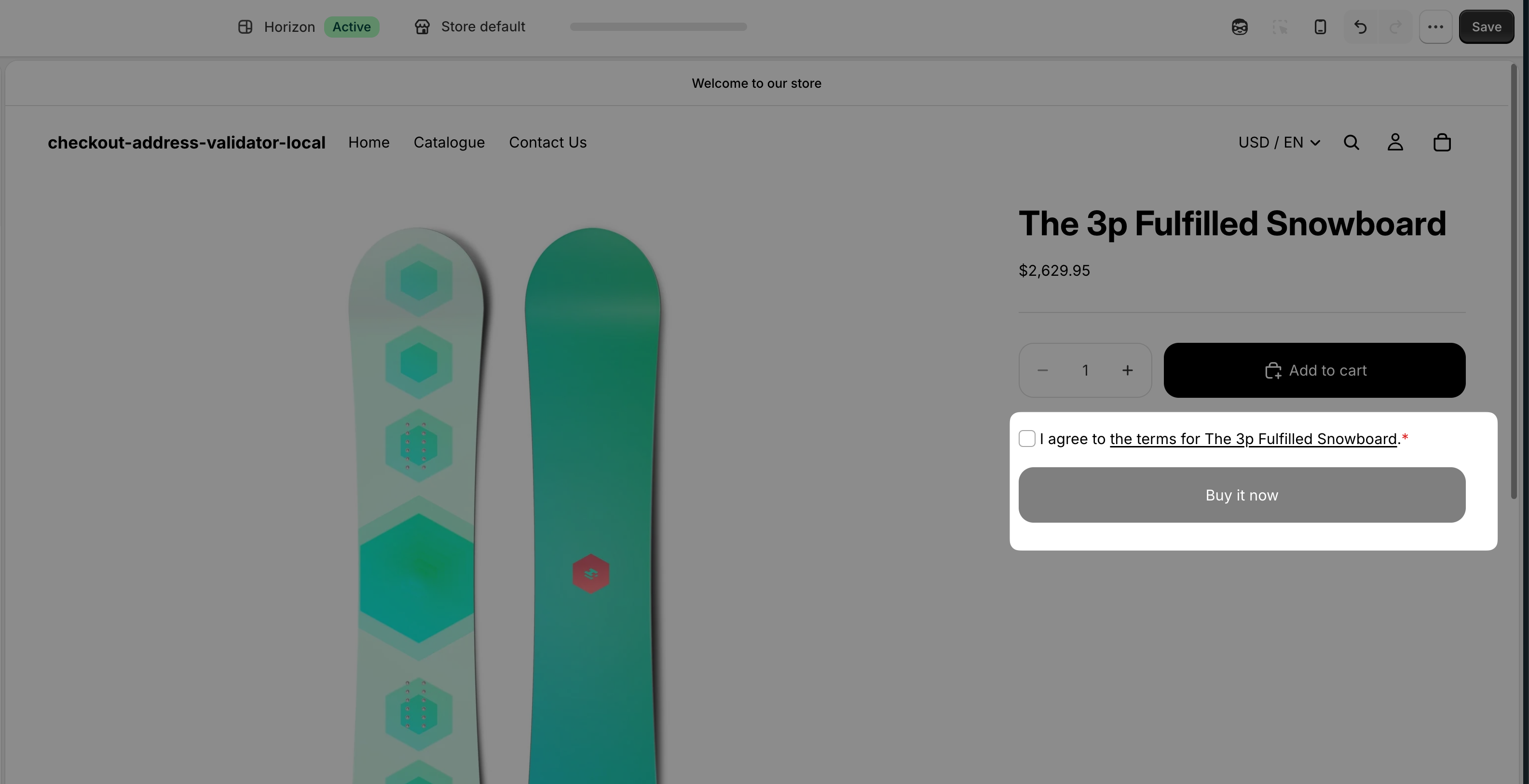 Product A's product page open in the Theme Editor, showing only that product's terms checkbox below the add to cart button