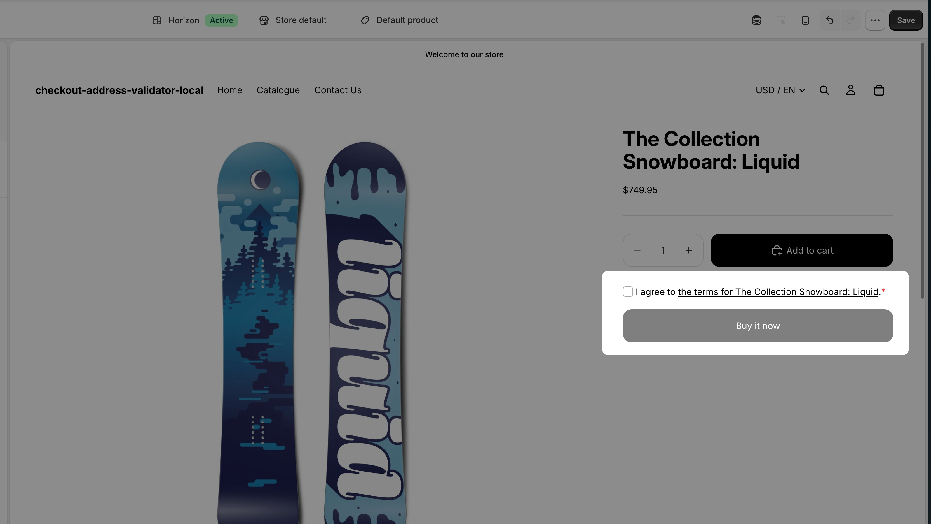 Product B's product page open in the Theme Editor, showing only that product's terms checkbox below the add to cart button