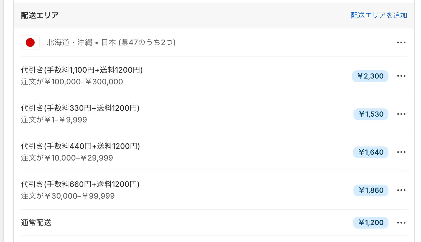 配送エリア「北海道・沖縄」に、注文金額帯ごとの代引き配送料金4件と通常配送が並んだ設定完了後の画面