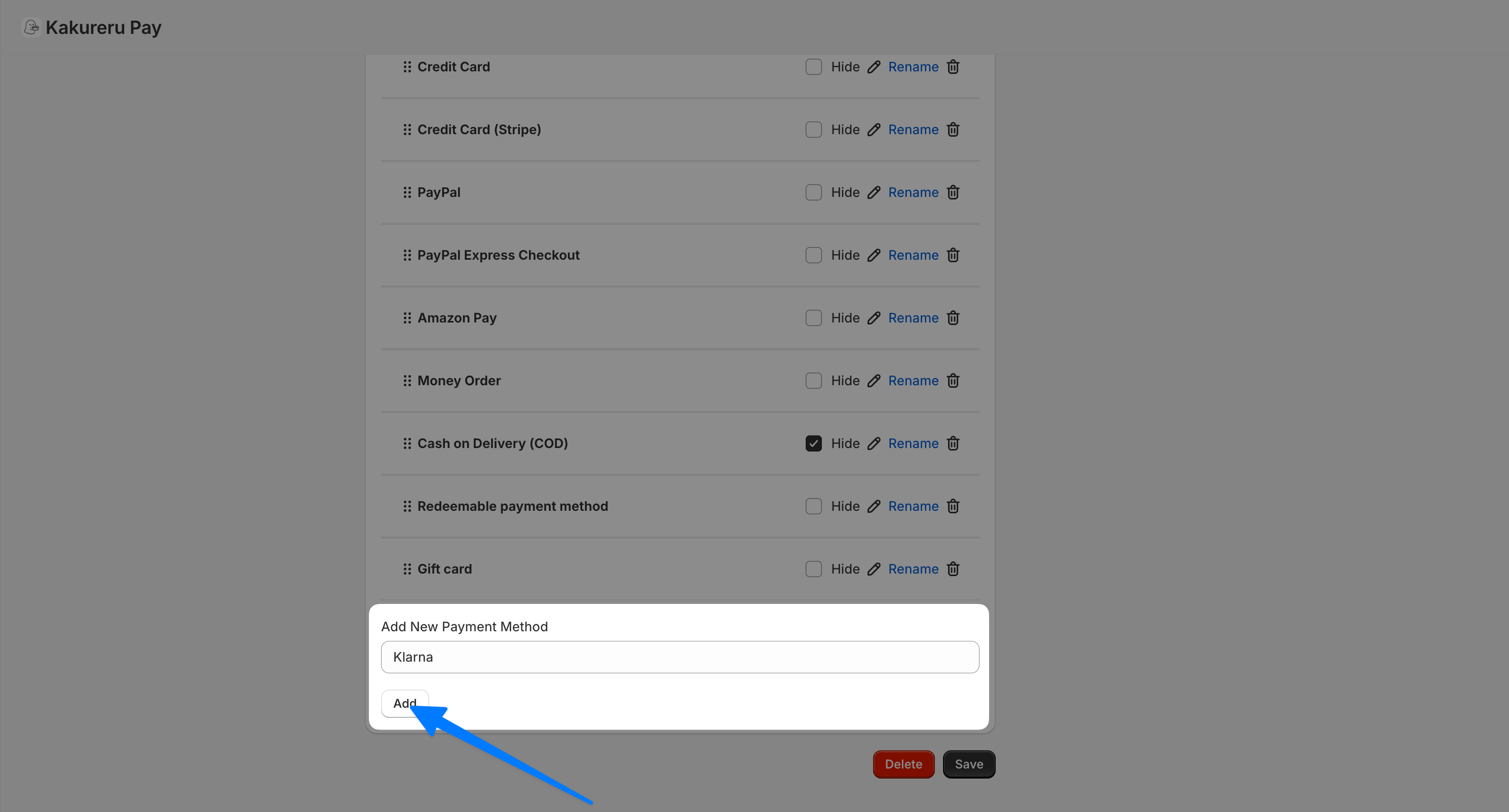 The "Add New Payment Method" field below the payment method list, with "Klarna" entered and an arrow pointing to the Add button