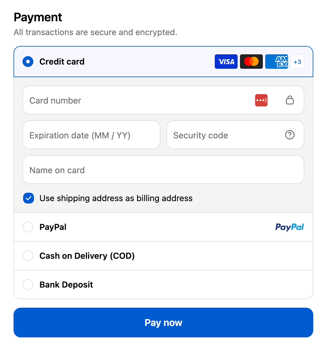 Checkout payment section showing four payment methods: Credit card, PayPal, Cash on Delivery (COD), and Bank Deposit