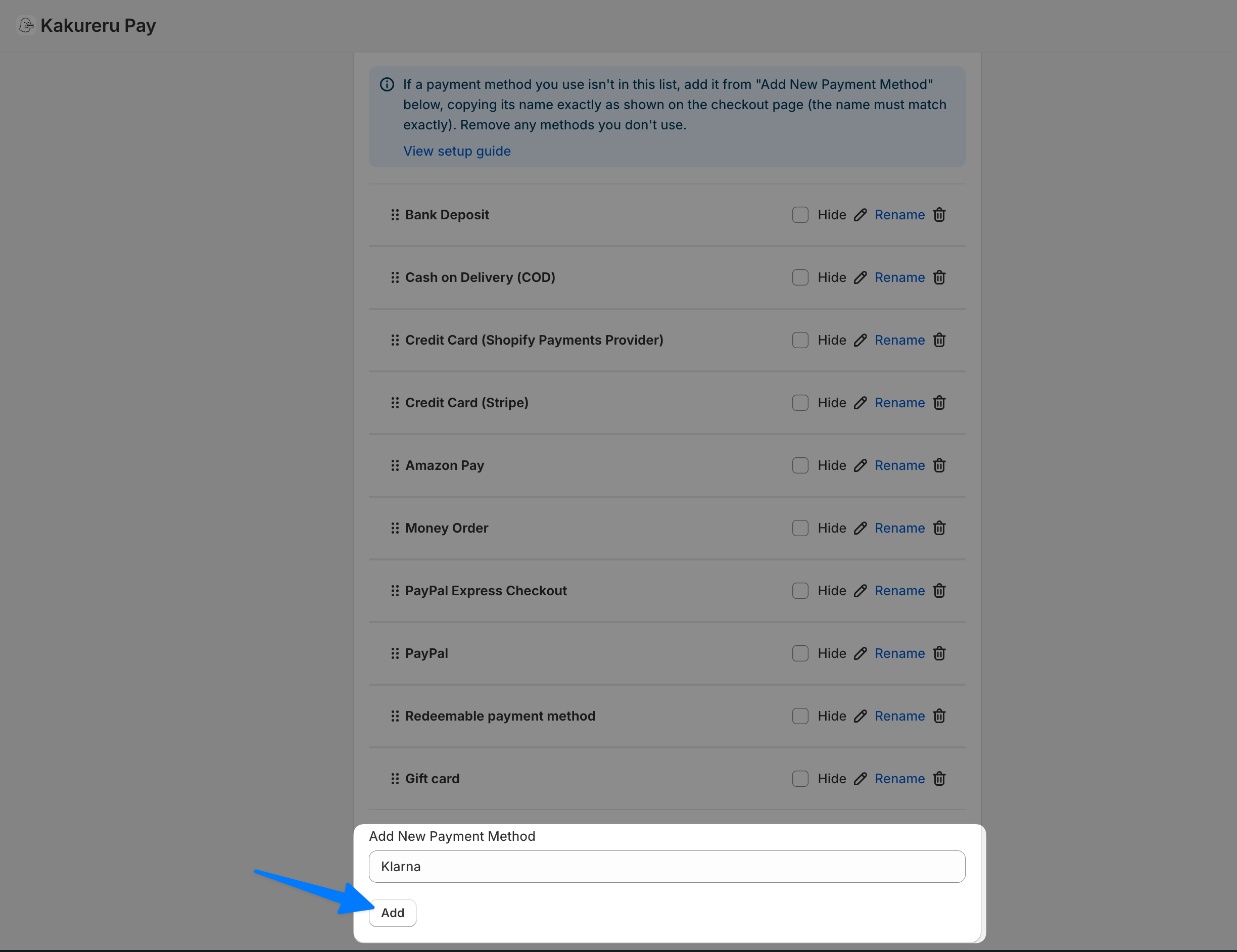 The "Add New Payment Method" field below the payment method list, with "Klarna" entered and an arrow pointing to the Add button
