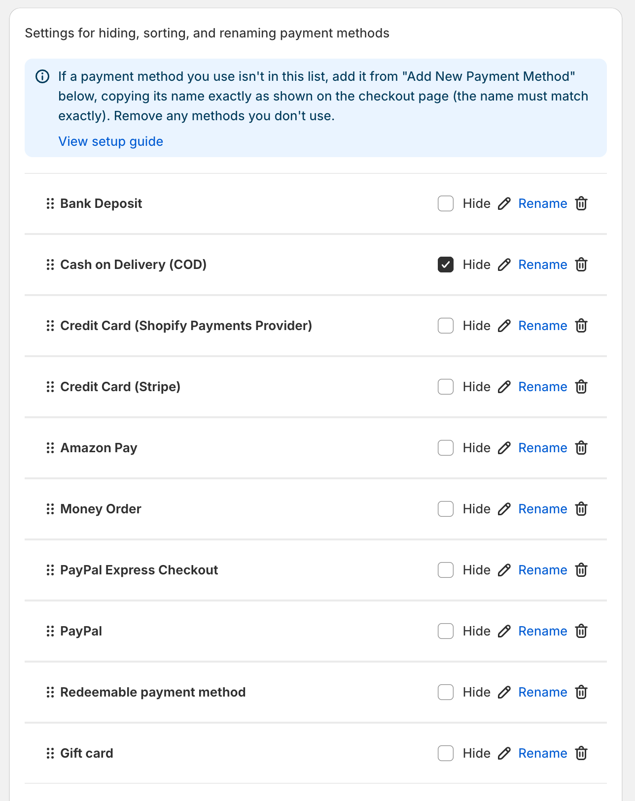 The payment method list with the Hide checkbox ticked for Cash on Delivery (COD)