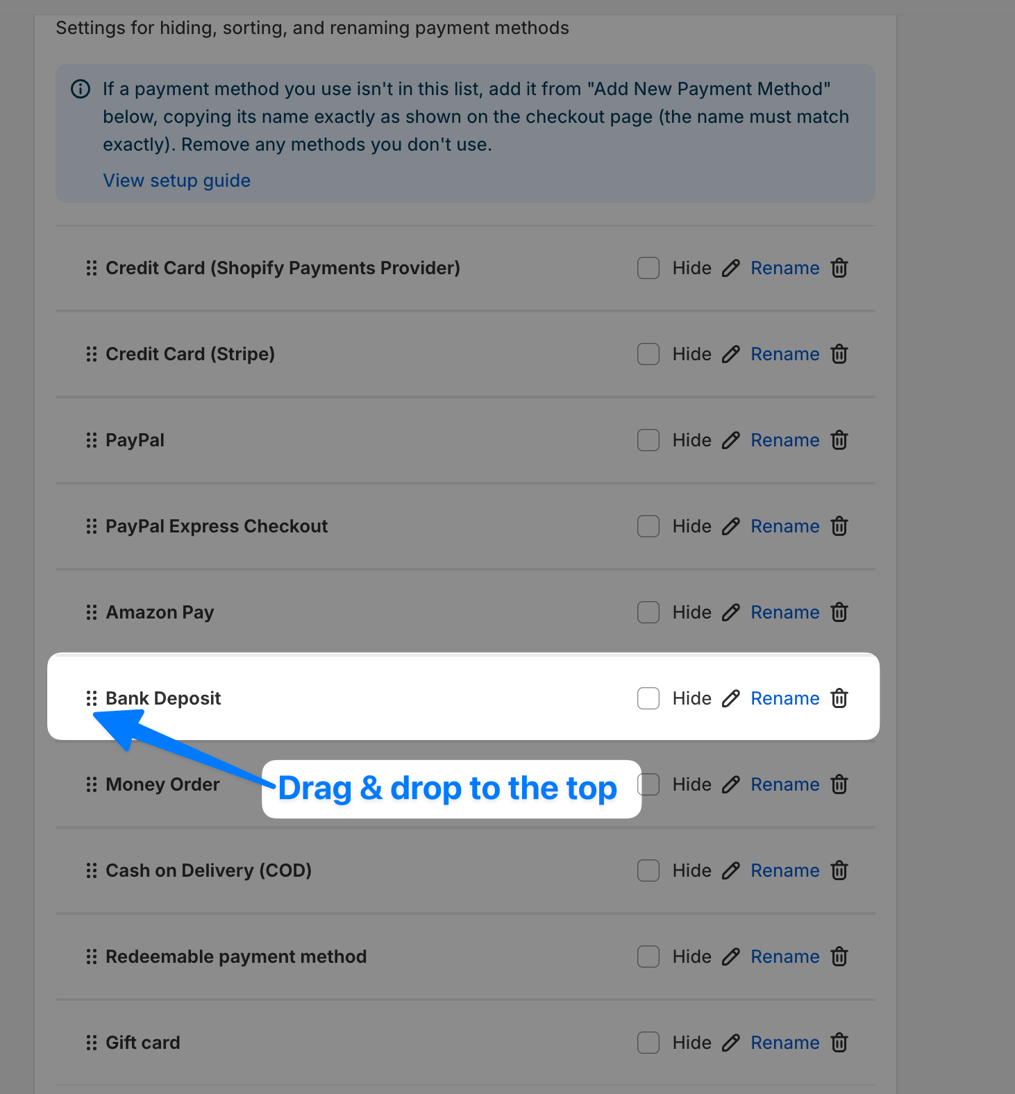 Dragging the Bank Deposit row to the top of the payment method list