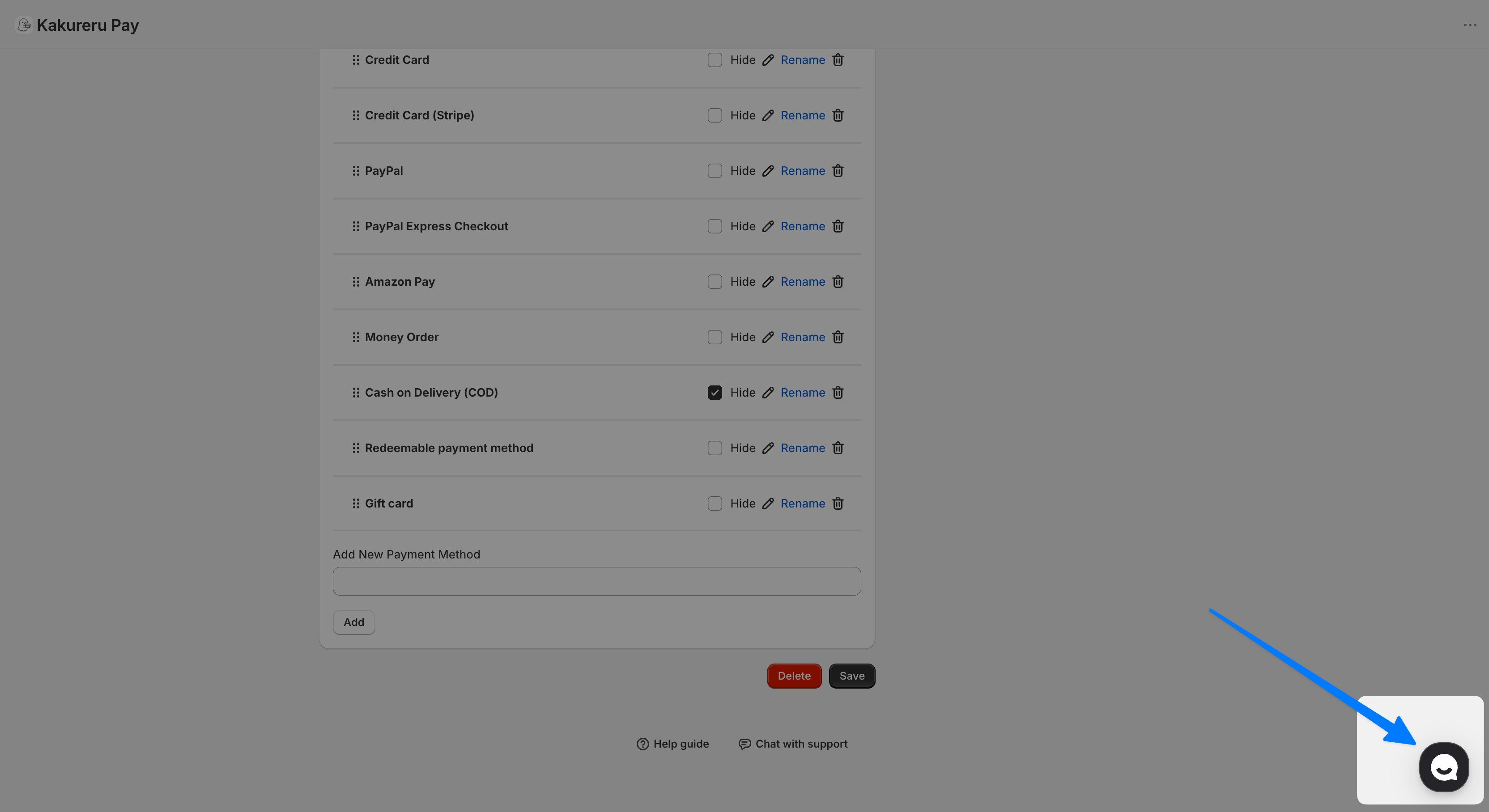 The Kakureru Pay settings screen with an arrow pointing to the chat menu icon at the bottom right