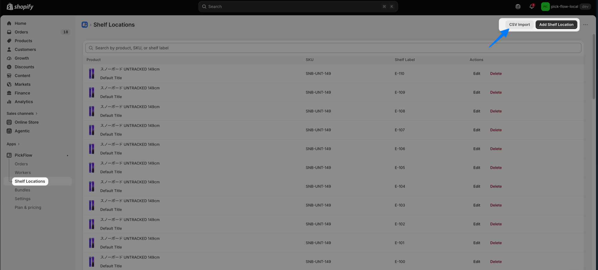 Shelf Locations page listing registered products with their SKU and shelf label, and the CSV Import button in the page header highlighted