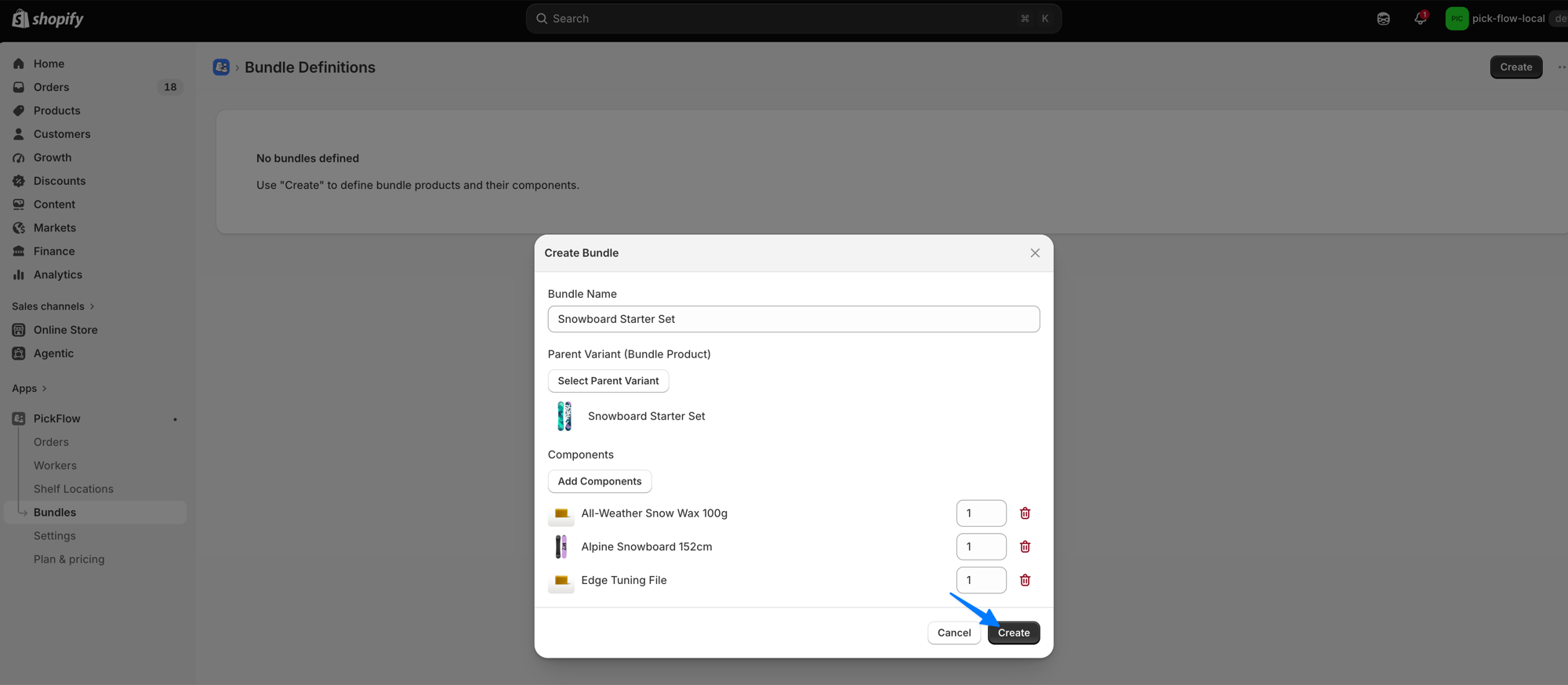 Bundle creation modal named "Snowboard Starter Set", the same product chosen as the parent variant, a wax, a snowboard and a tuning file listed as components with their quantities, and an arrow pointing at the Create button