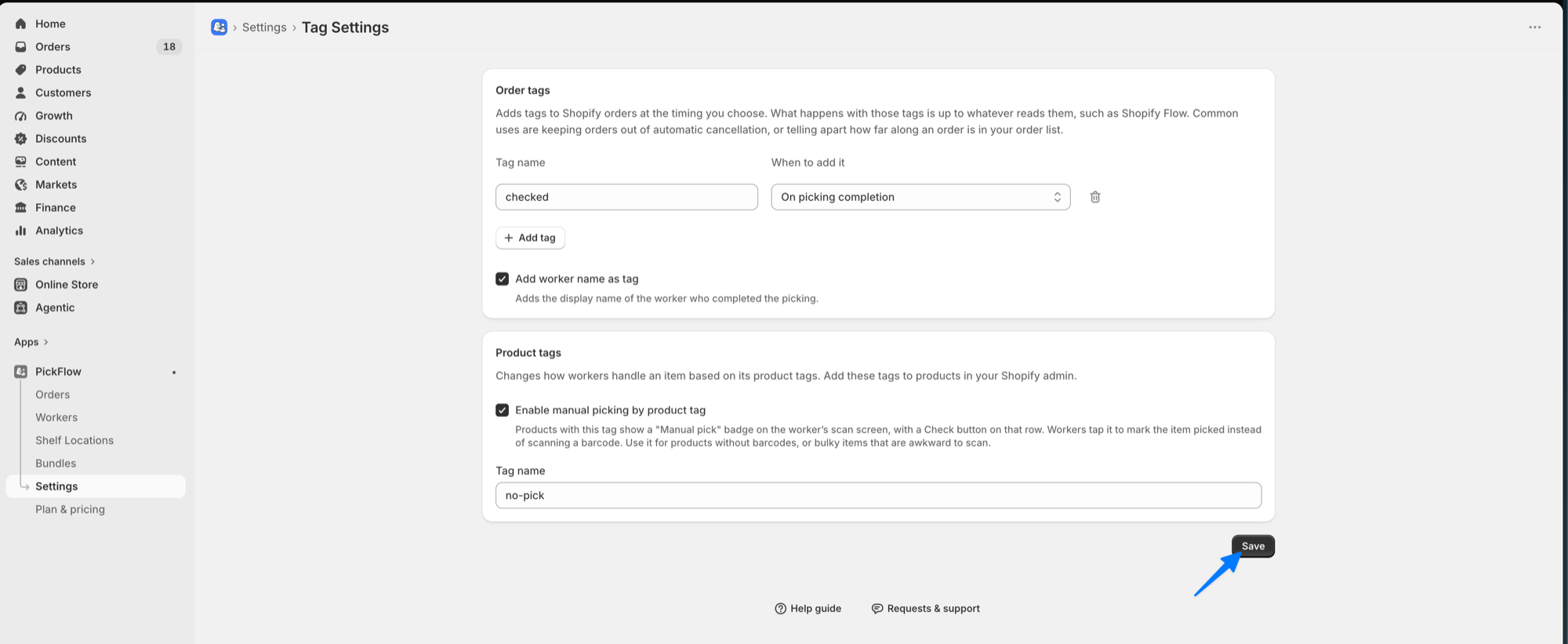 Tag Settings screen: an order tag row reading "checked / On picking completion" with an Add tag button and the Add worker name as tag option, below it the Product tags section with manual picking enabled and the tag name no-pick, and an arrow pointing at the Save button