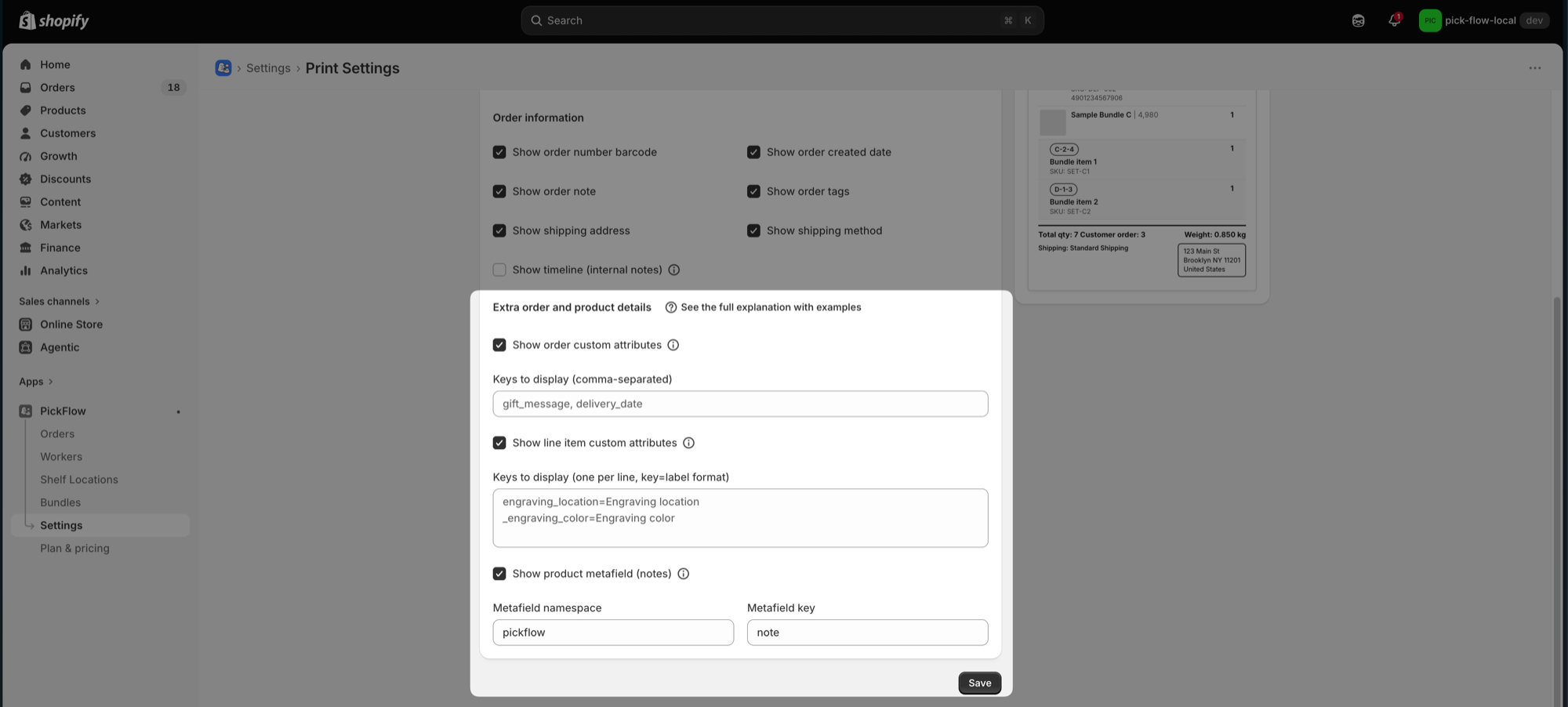 The Extra order and product details group in print settings, with all three checkboxes ticked, a "See the full explanation with examples" link next to the heading, key fields for the order and line item attributes, and the metafield namespace and key filled in as pickflow and note