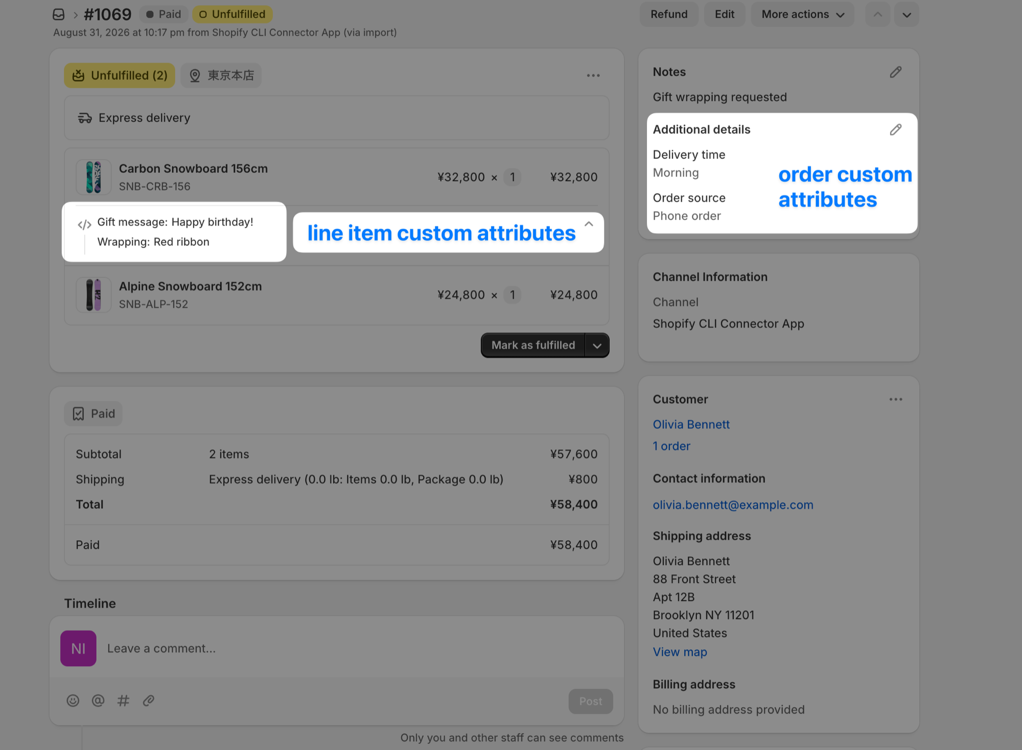 Shopify order page with two callouts: the Additional details card on the right, listing Delivery time: Morning and Order source: Phone order, is labelled "order custom attributes"; the Gift message and Wrapping lines expanded under the first product are labelled "line item custom attributes"