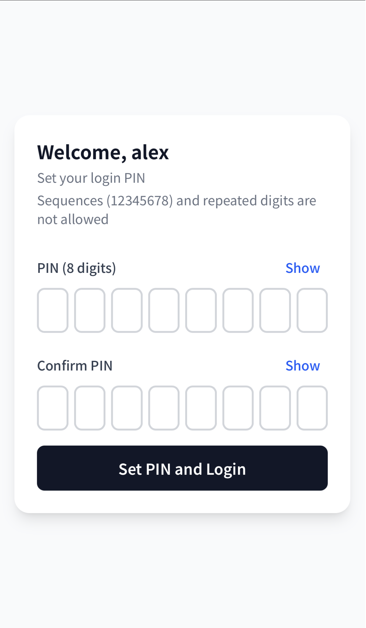 Invite link screen with the PIN and confirm PIN fields and the Set PIN and Login button