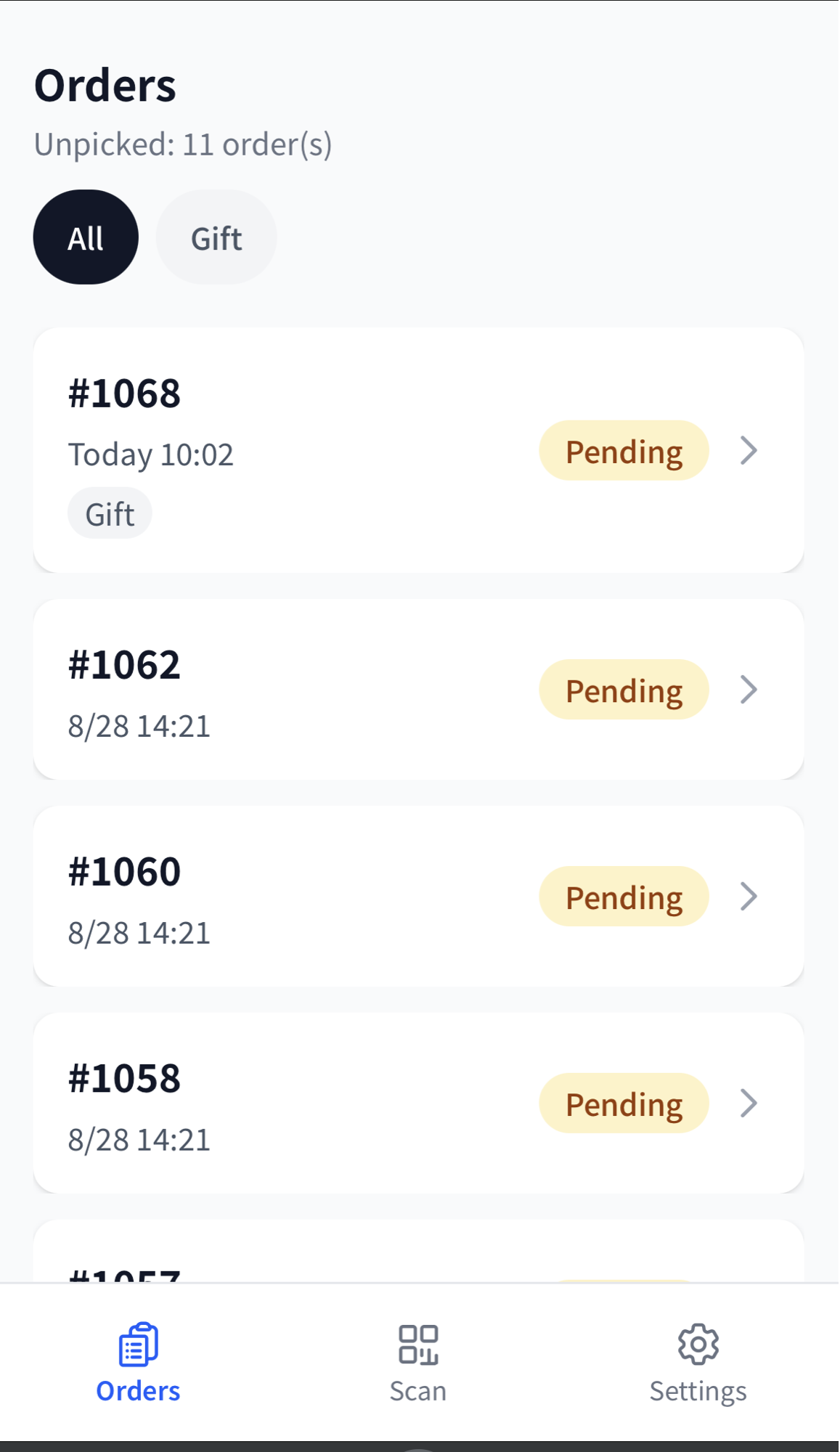 Worker order list headed "Orders" with "Unpicked: 11 order(s)" below it, tag filter chips, and order cards showing the order number, the time it came in and a Pending badge, with Orders, Scan and Settings along the bottom