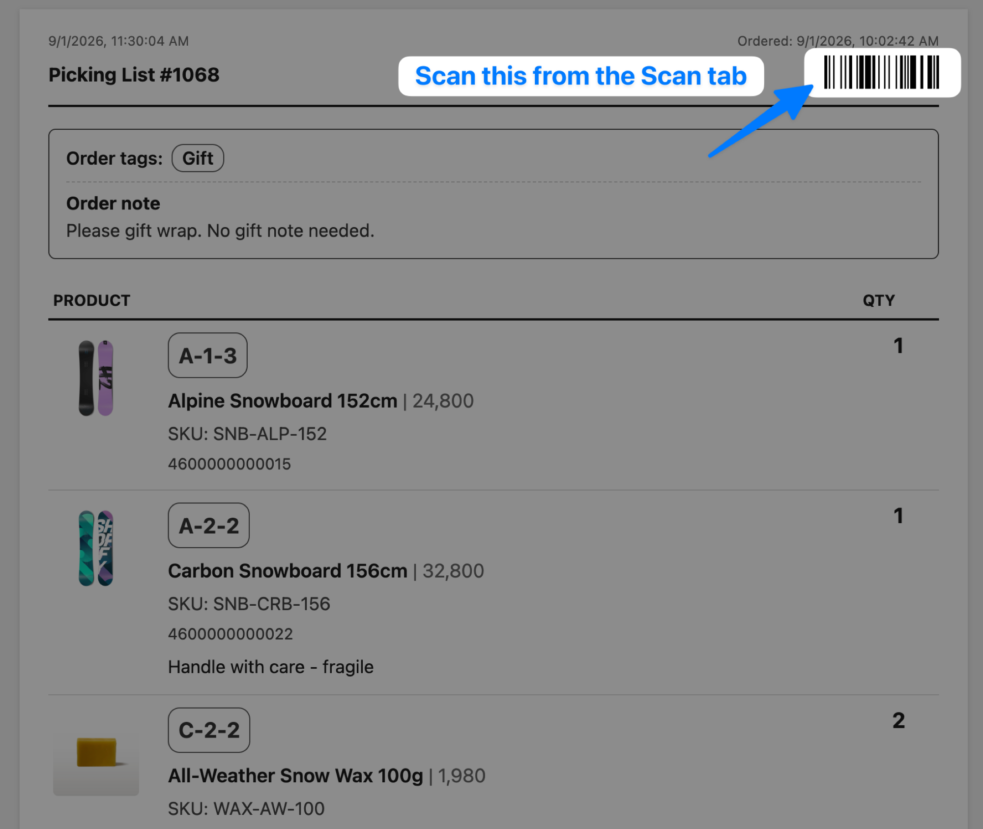 Printed picking list for order #1068, with an arrow pointing at the barcode in the top right and a callout reading "Scan this from the Scan tab"
